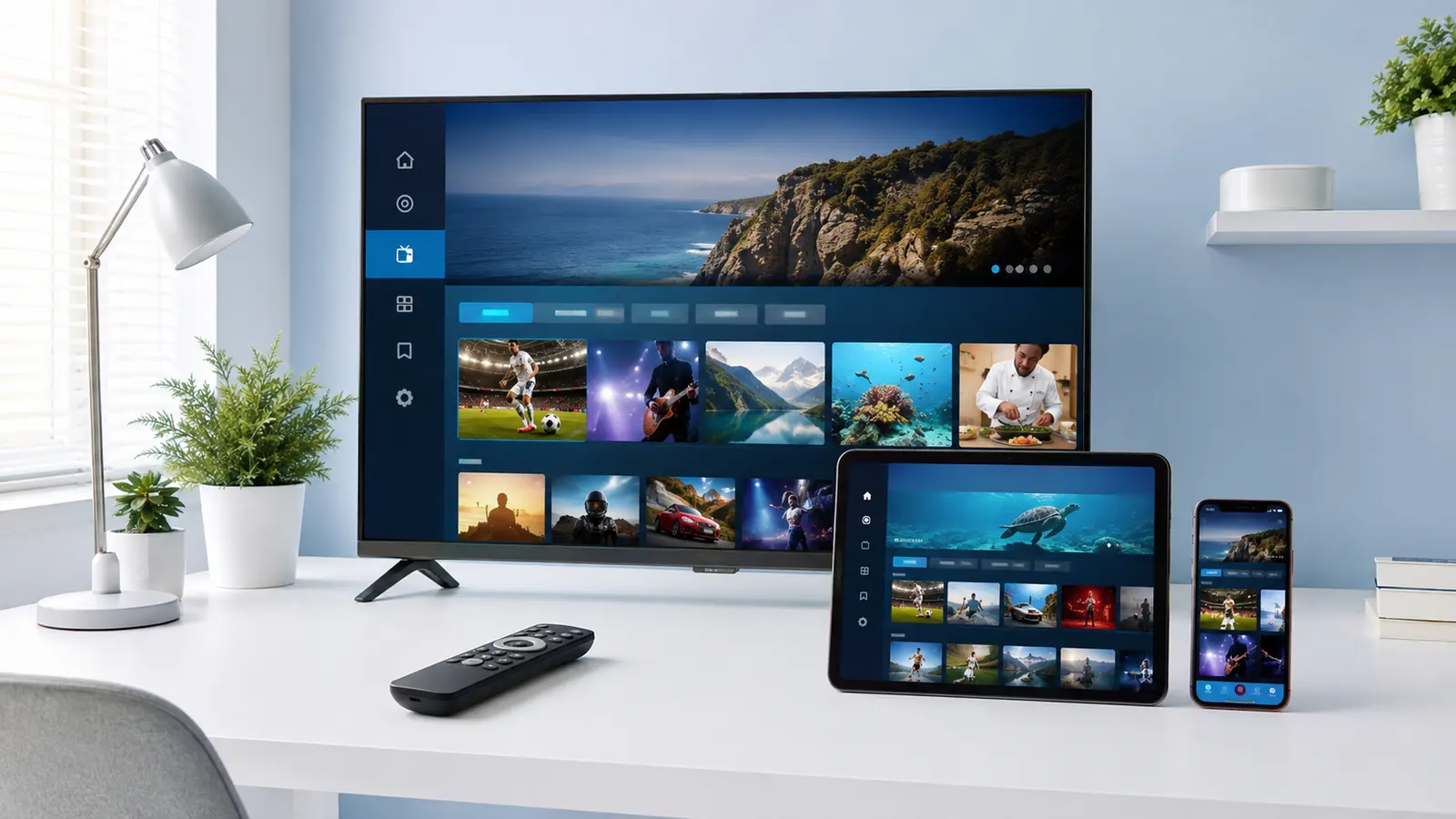 IPTV setup across a television, tablet and phone